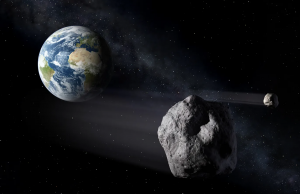 Figura que mostra o Planeta Terra e dois asteroides próximos a ela