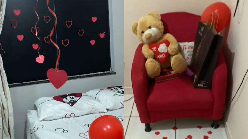 imagem do quarto todo decorado em comemoração ao Dia dos Namorados.