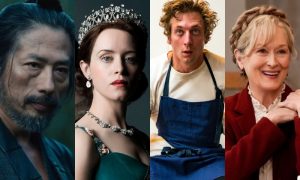 imagem de divulgação de algumas produções indicadas: Xógum, The Crown, The Bear e Only Murders in the Building são alguns dos indicados a premiação