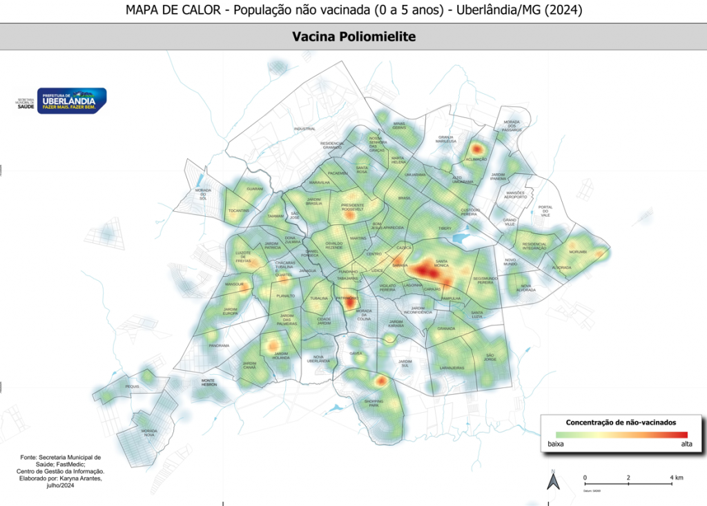 Mapa de calor mostrando os bairros com maior concentração de crianças não vacinadas contra a poliomielite em Uberlândia