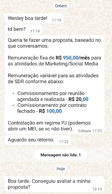 Proposta de emprego enviada a Wesley