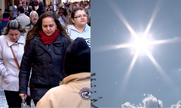 Imagem dividida: em um lado pessoas com frio para demonstrar a variação do tempo e do outro um sol quente.
