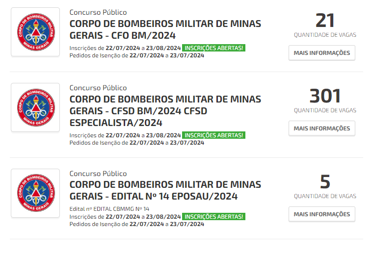 Editais do concurso do Corpo de Bombeiros de Minas Gerais