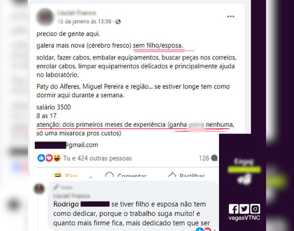 Nesta proposta, o empregador pede que a profissional não tenha filhos ou seja casada, além de deixar claro que não haverá remuneração nos primeiros meses - Foto: X/reprodução