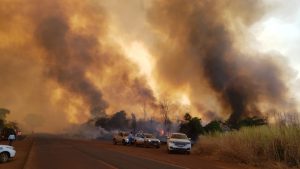 Incêndio de grandes proporções causou muita fumaça e interditou pista - Foto: Corpo de Bombeiros/ Divulgação