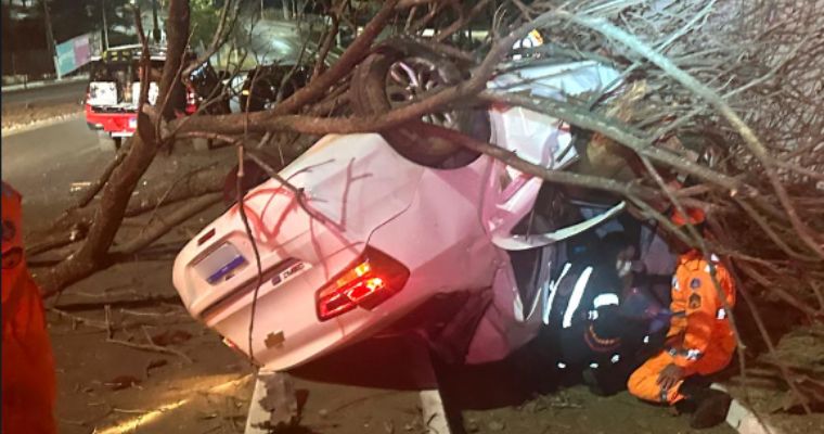 Carro com árvore presas às ferragens na Avenida JK