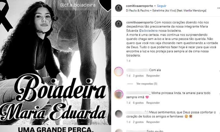 Postagem da comitiva anunciando e lamentando a morte de Eduarda