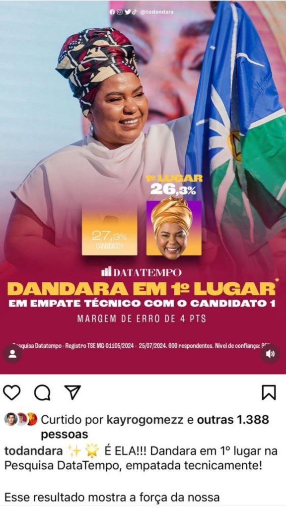 Reprodução de post publicado nas redes sociais da candidata Dandara