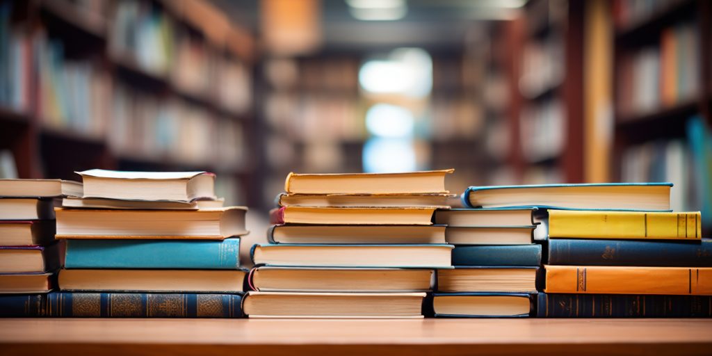 Pilha de livros em frente a uma biblioteca