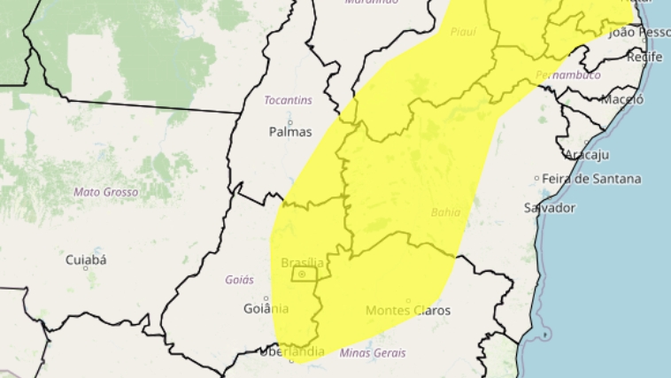 A área destacada em amarelo indica a região prevista para ser atingida pelo vendaval. - Crédito: INMET