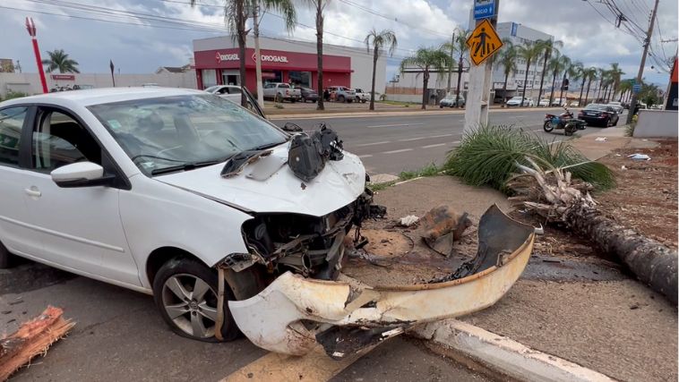 Carro bate em palmeira após motorista perder o controle do veículo. 