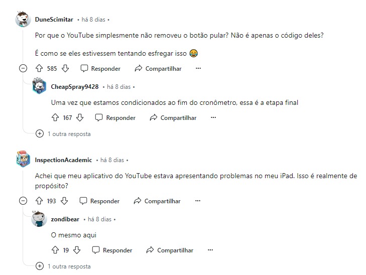 Usuários do ‘reddit’ perceberam a mudança no YouTube / Crédito: reprodução Reddit