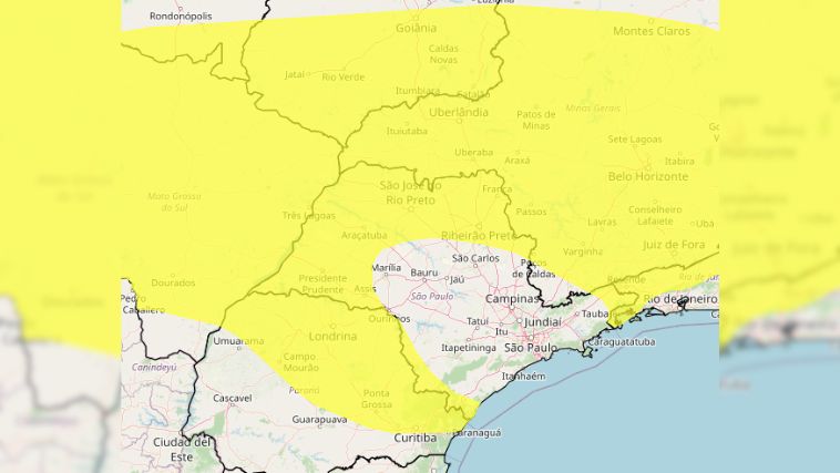 O Inmet emitiu um alerta de chuva forte e ventos de até 60 km/h. Proteja-se e siga as orientações - Crédito: Inmet/Divulgação