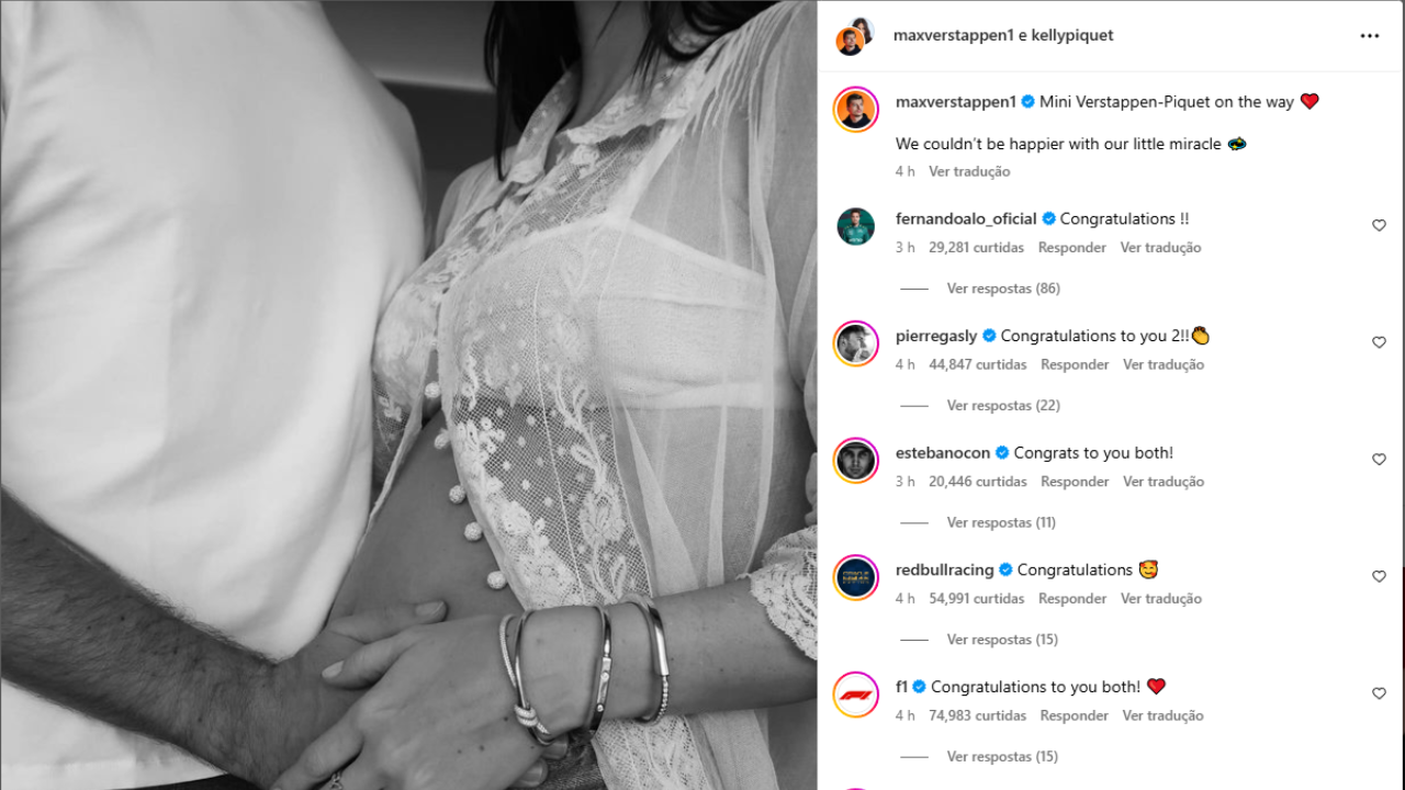 Anúncio da gravidez de Max Verstappen e Kelly Piquet veio na madrugada desta sexta-feira - Crédito: Reprodução/ Instagram/ @maxverstappen1 @kellypiquet