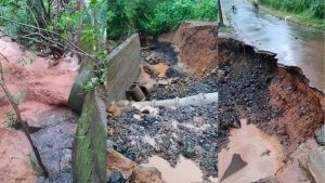 Enxurrada causa erosão e interdita ponte no bairro Santa Rosa, em Uberlândia 