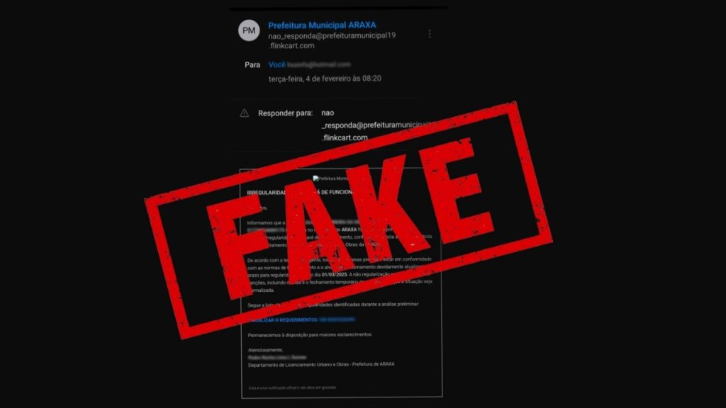 Prefeitura de Araxá alerta sobre golpe de falsos e-mails envolvendo alvarás - Crédito: Divulgação/Prefeitura de Araxá Golpe