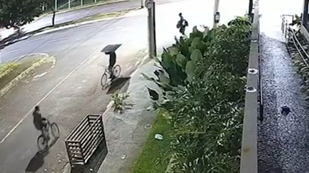 Criminosos levando uma televisão de bicicleta