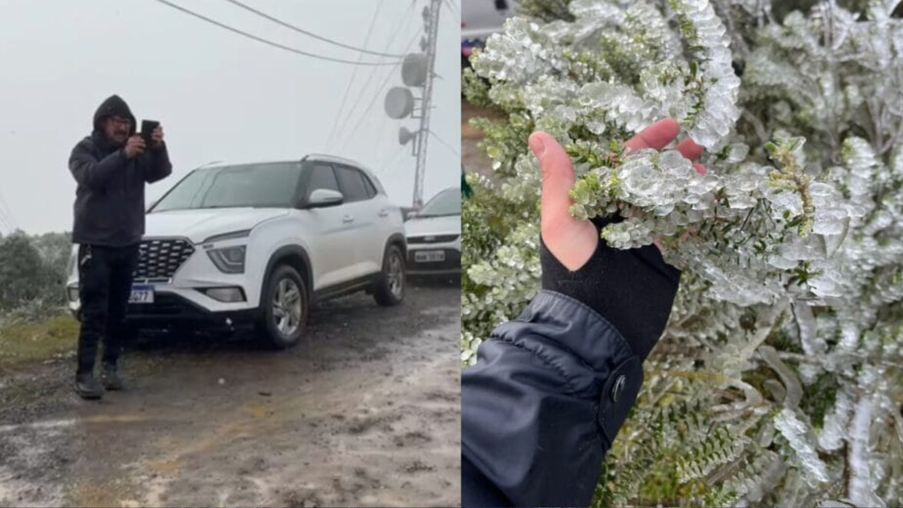 Morro das Antenas, em Urupema, ficou “congelado” devido ao frio intenso desta quinta-feira (29)