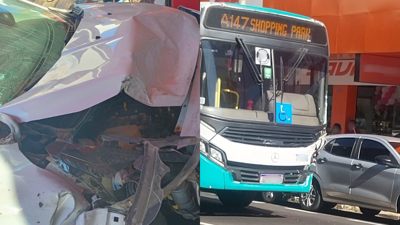 Veículos destruídos após acidente entre ônibus e carro em Uberlândia