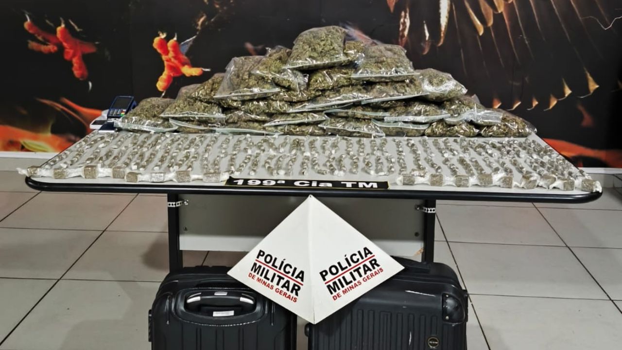 Drogas apreendidas pela Polícia Militar, buchas de maconha, tabletes de maconha e embalagem de maconha gold flor.