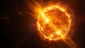 Representação de explosões solares que causaram apagões na Terra