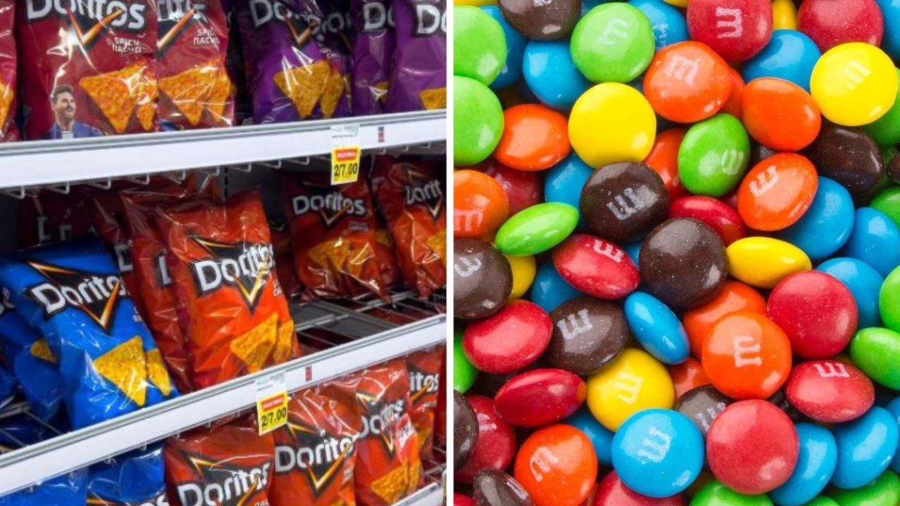 produtos-improprios-para-consumo Prateleira de mercado a esquerda cheia de Doritos; a direita imagem com disquetes de chocolate da marca M&M