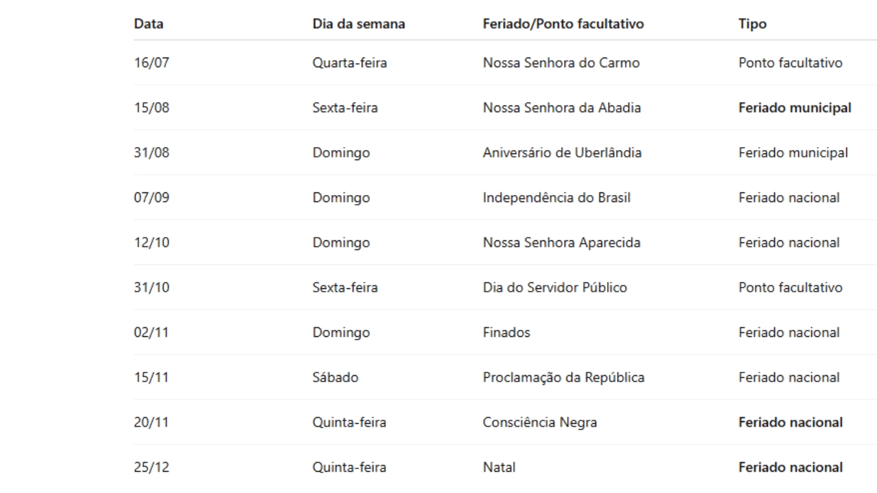 Calendários com feriados