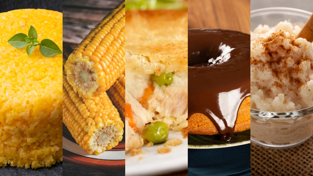  receitas de Festa Junina com pratos típicos do são joão: pamonha, bolo, arroz doce.