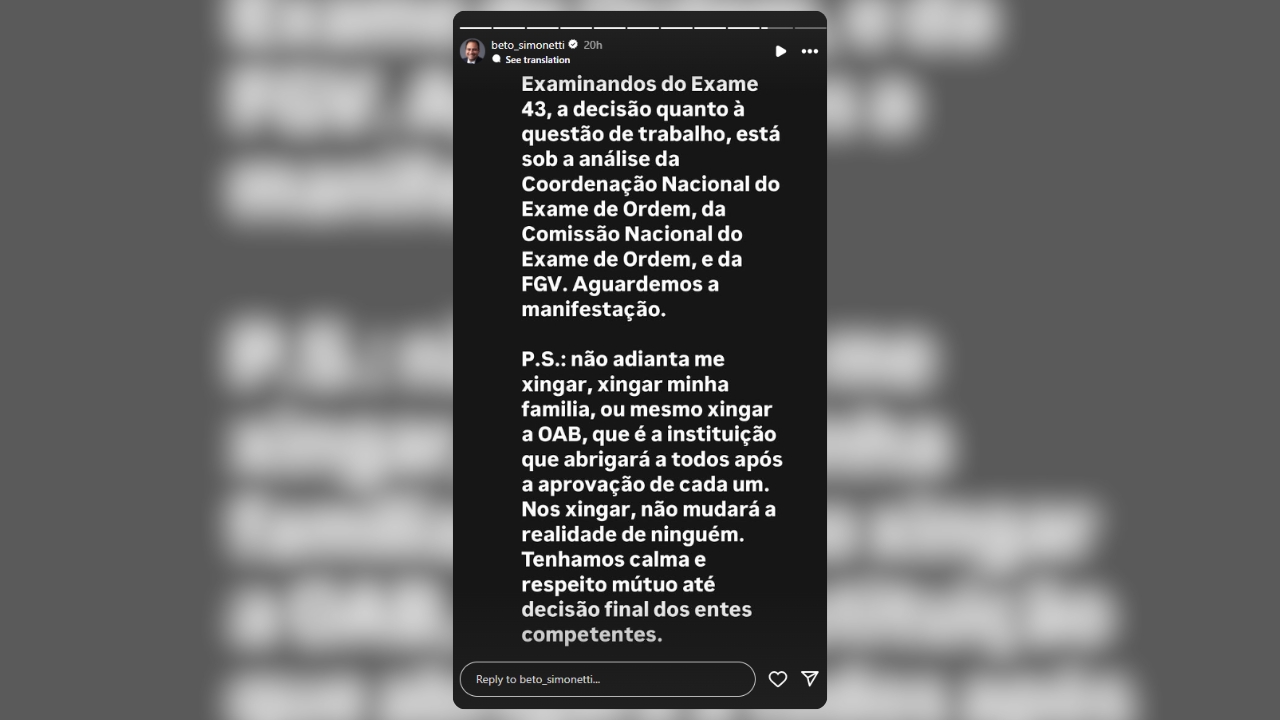 Print mostrando presidente da OAB se pronunciou no Instagram