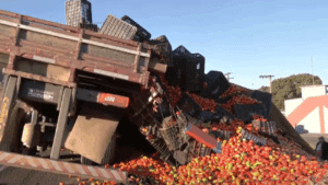 Quebra de eixo provoca tombamento de carreta carregada com tomates na BR-050