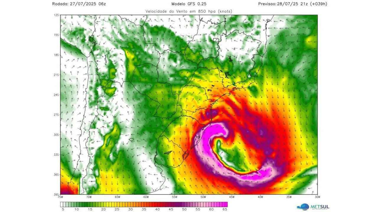 A previsão indica que os ventos mais intensos do ciclone extratropical se concentrarão no extremo Sul do Rio Grande do Sul, nas áreas litorâneas de Santa Catarina e no Leste do Paraná