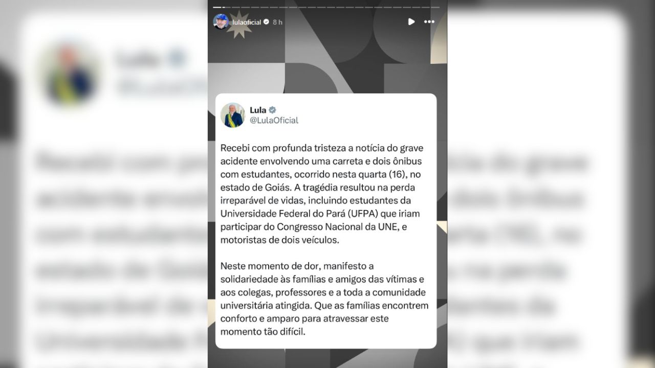 Lula em nota sobre o acidente na BR-153 com estudantes da UFPA