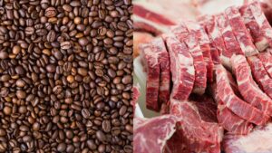 Grãos de café e carne bovina