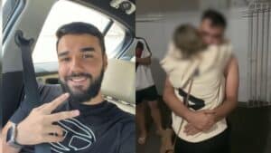 sequestro em Uberlândia: A imagem é separada em duas colunas. Em uma tem só o rosto de Carlos e em outra tem um print do momento em que ele foi liberto e reencontrou a mãe
