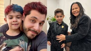 Montagem mostra, ao lado esquerdo, Murilo Huff e o filho Leó. Ao lado direito, Dona Ruth e Léo.