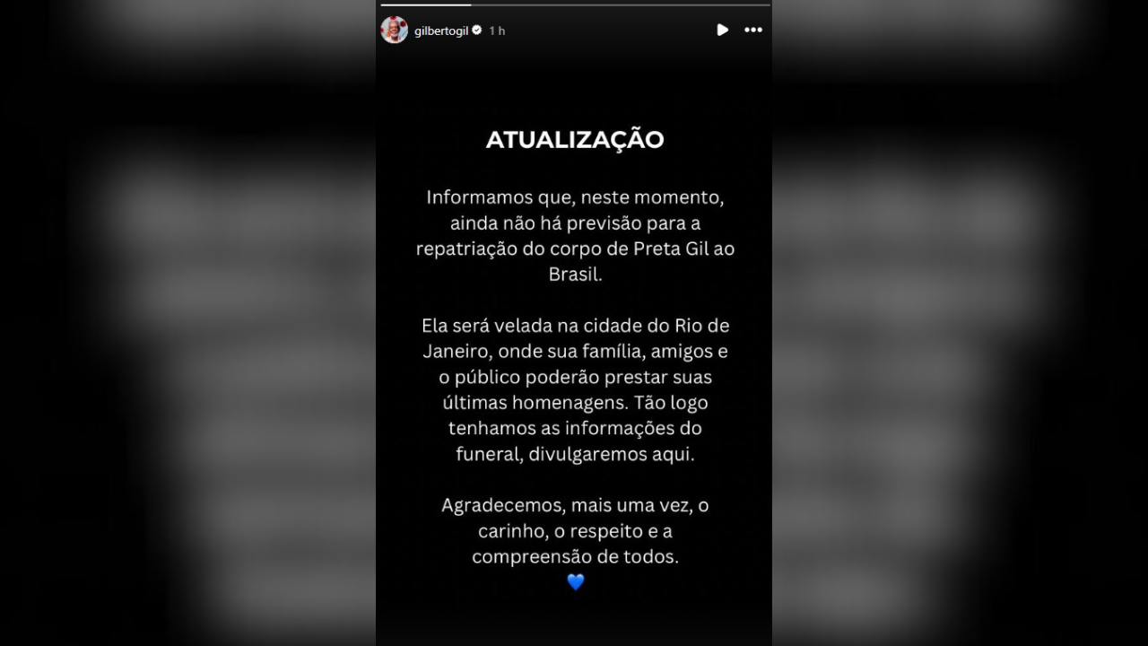 Publicação de Gilberto Gil sobre o velório da filha