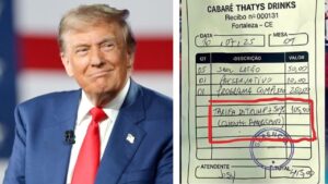Donald Trump à esquerda, suposta comanda com Tarifa Trump em cabaré, à direita
