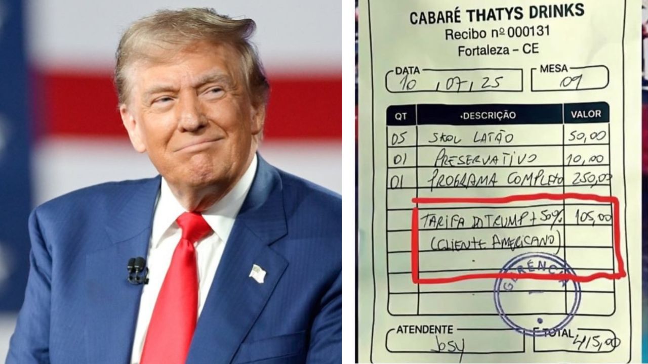 Donald Trump à esquerda, suposta comanda com Tarifa Trump em cabaré, à direita