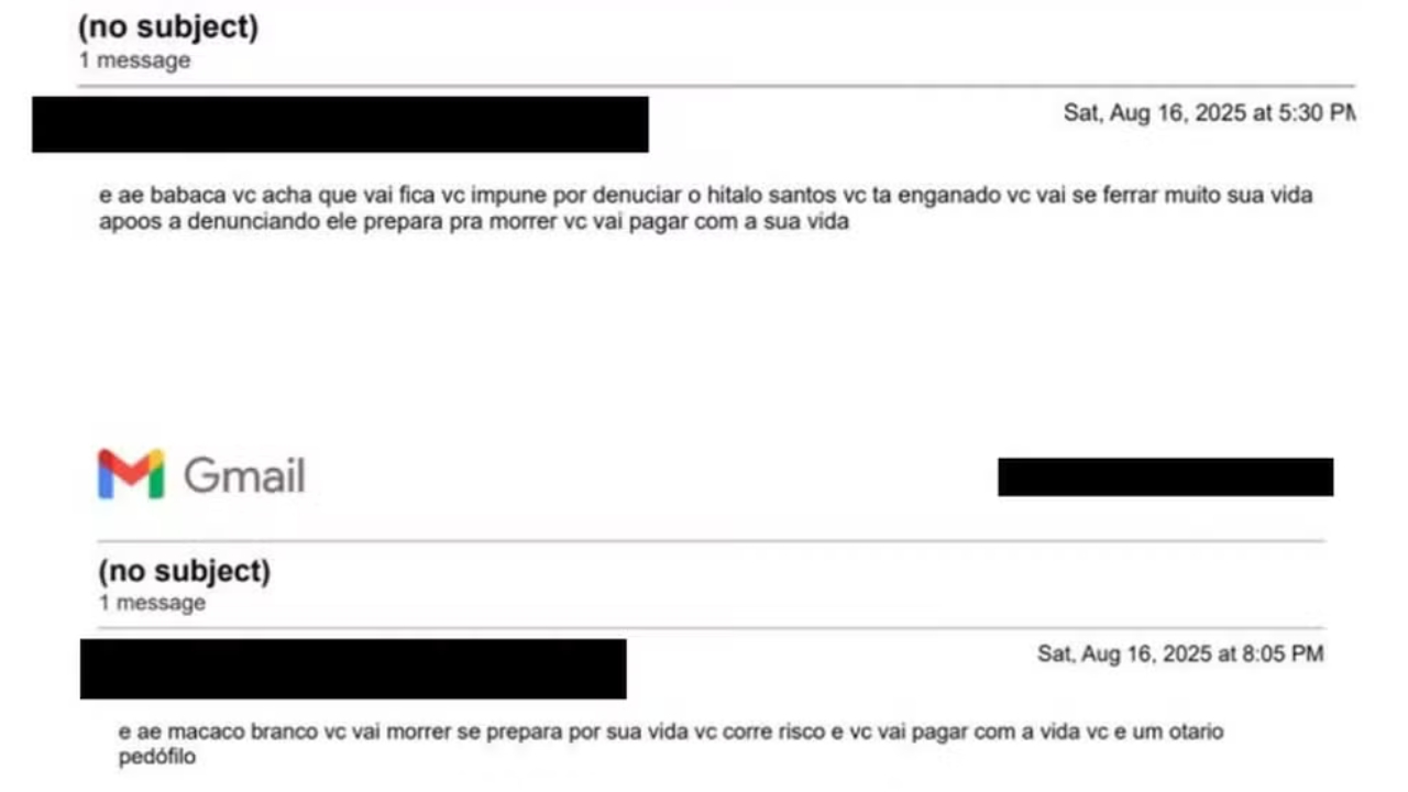 Felca é ameaçado // Na imagem, print de e-mails com ameaças Felca é ameaçado // Na imagem, print de e-mails com ameaças