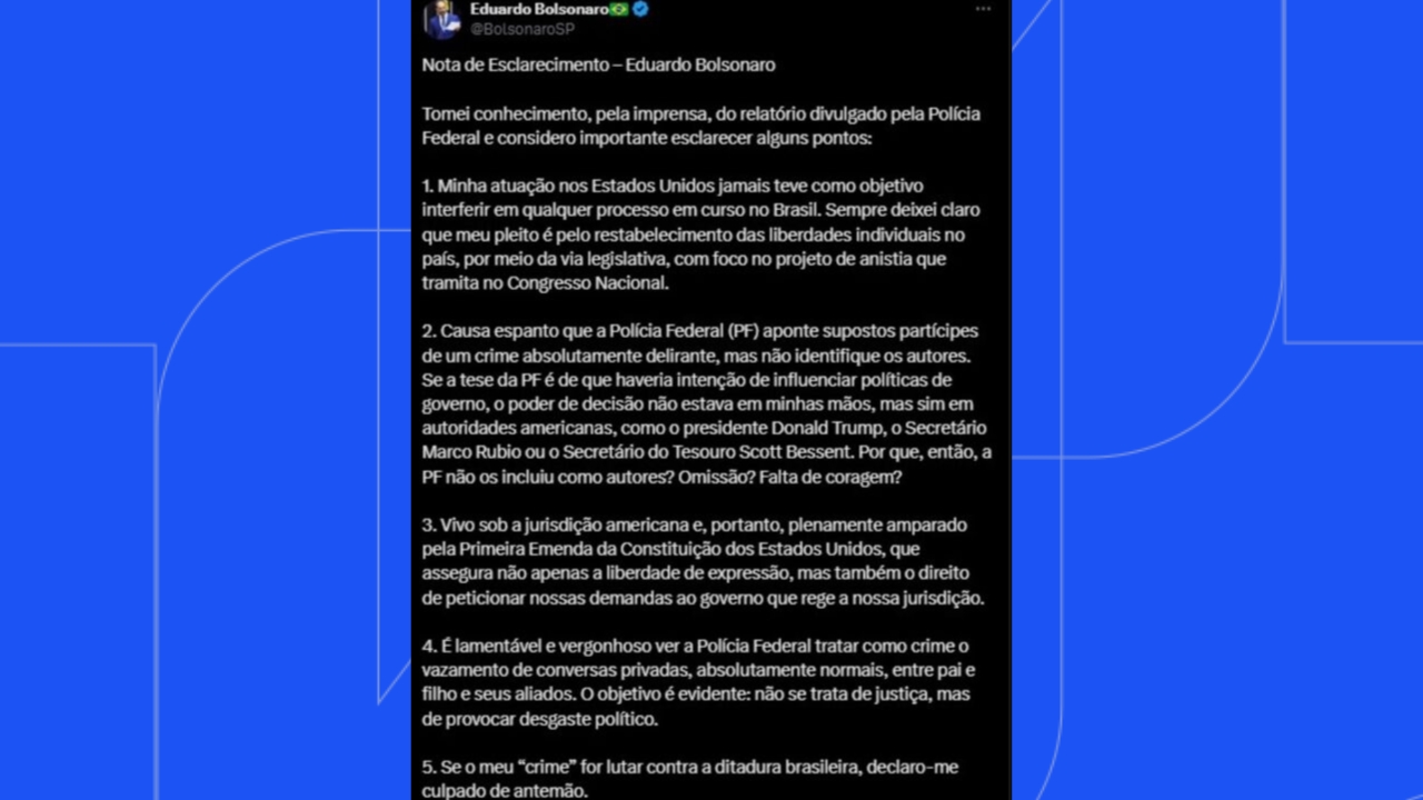 Postagem de Eduardo Bolsonaro no X sobre pedido de anistia // Malafaia proibido sair do país