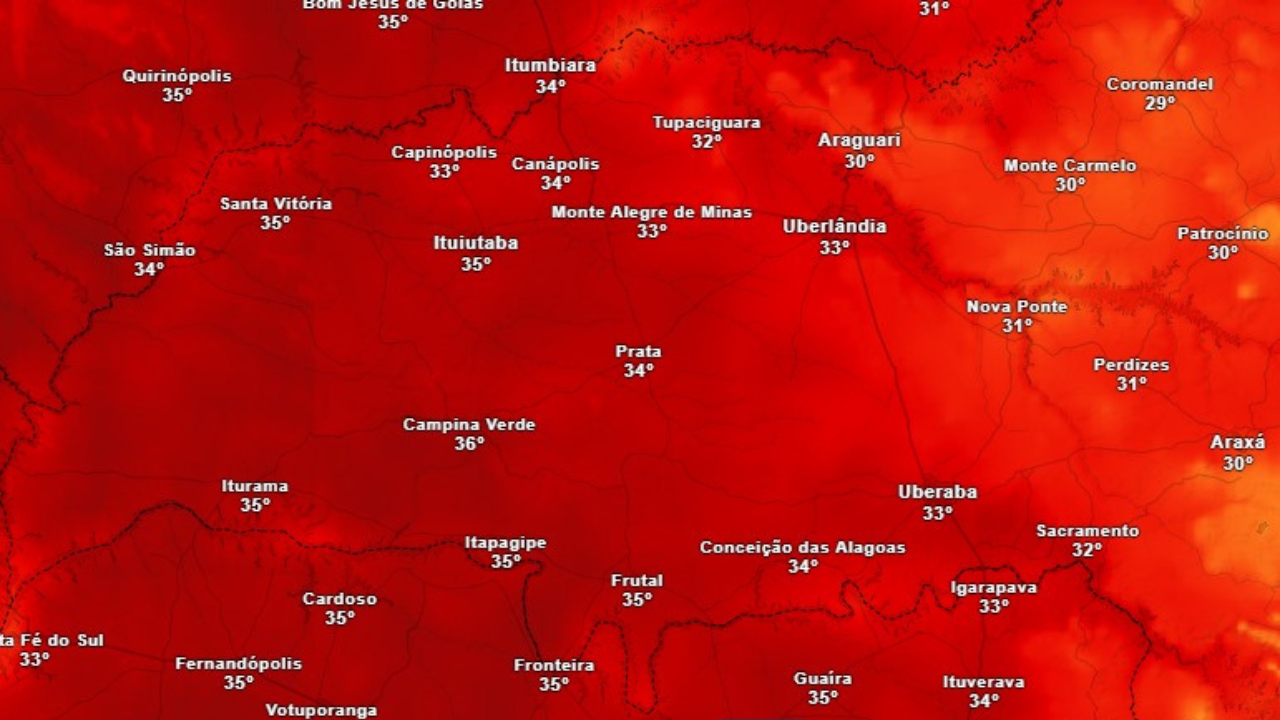 O calor intenso tem se destacado no Triângulo Mineiro, onde Campina Verde liderou as marcas de temperatura, alcançando 36 °C