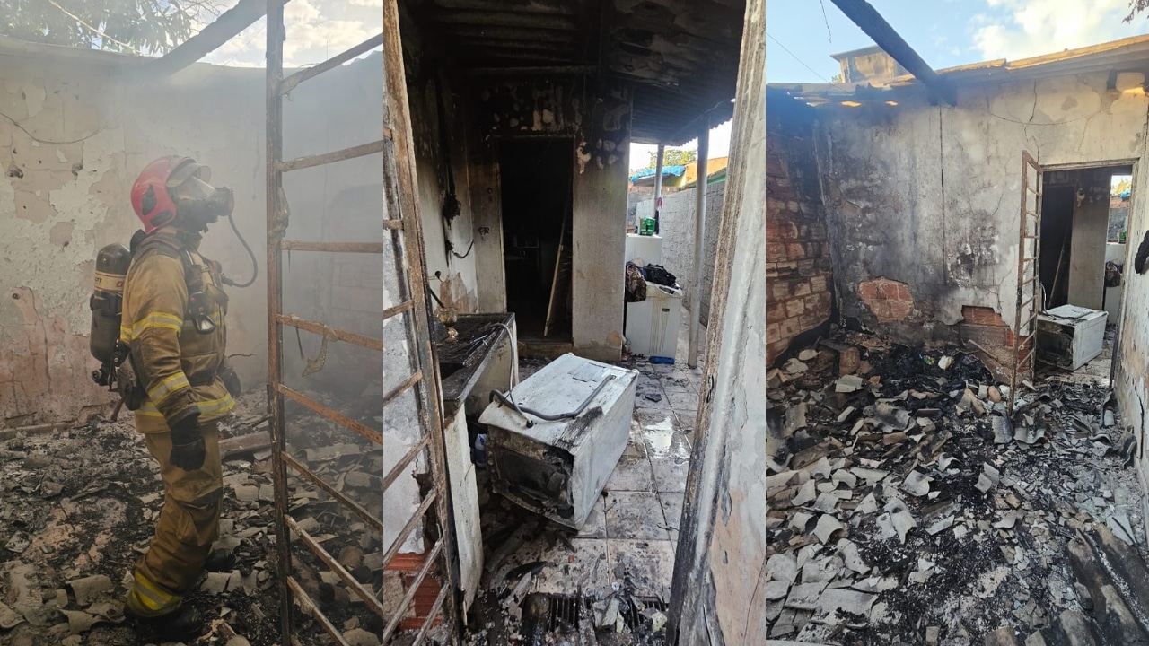 Casa destruída após incêndio em residência em Uberlândia no bairro Nossa Senhora das Graças