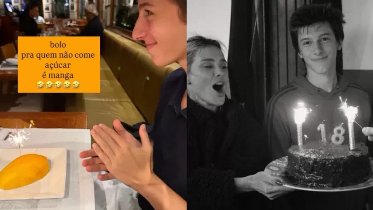 Manga em lugar de bolo // Uma imagem com duas fotos. À esquerda, durante comemoração de aniversário, José recebe uma manga com uma vela em cima. À direita, uma foto com outra festa, com bolo tradicional