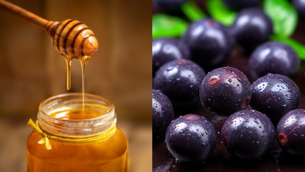 Foto montagem com imagem de um pote de mel do lado esquerdo e fruto do açaí ao lado direito Foto montagem com imagem de um pote de mel do lado esquerdo e fruto do açaí ao lado direito