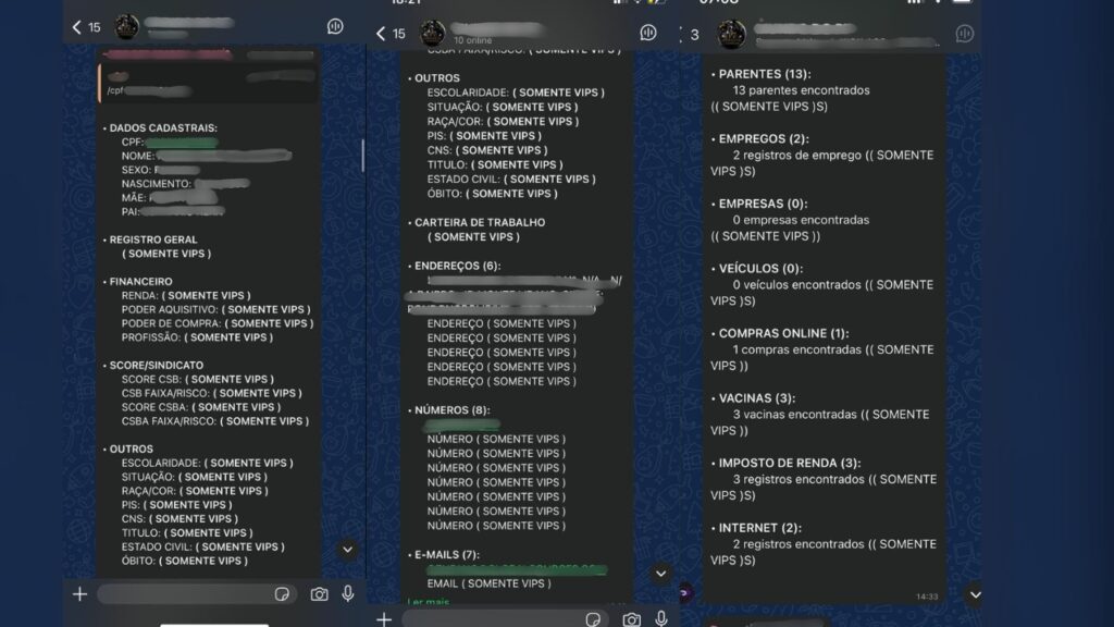 prints mostram pessoas vendendo dados importantes no whatsapp, como cpf, endereço, compras online, nome dos pais, faixa salarial, numero de telefone, etc