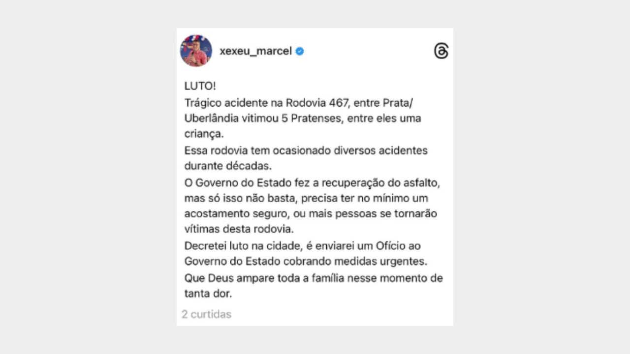 Prefeito Xexeu se manifestando nas redes sobre o acidente na 497