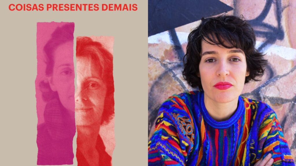 Capa do livro "coisas presentes demais", ao lado da foto de Flávia Peret, a autora
