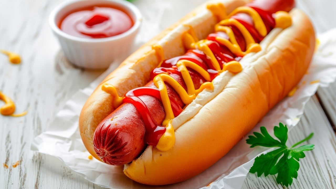 cachorro-quente com mostarda e catchup, um recipiente com catchup e uma folha de salsinha em uma mesa branca