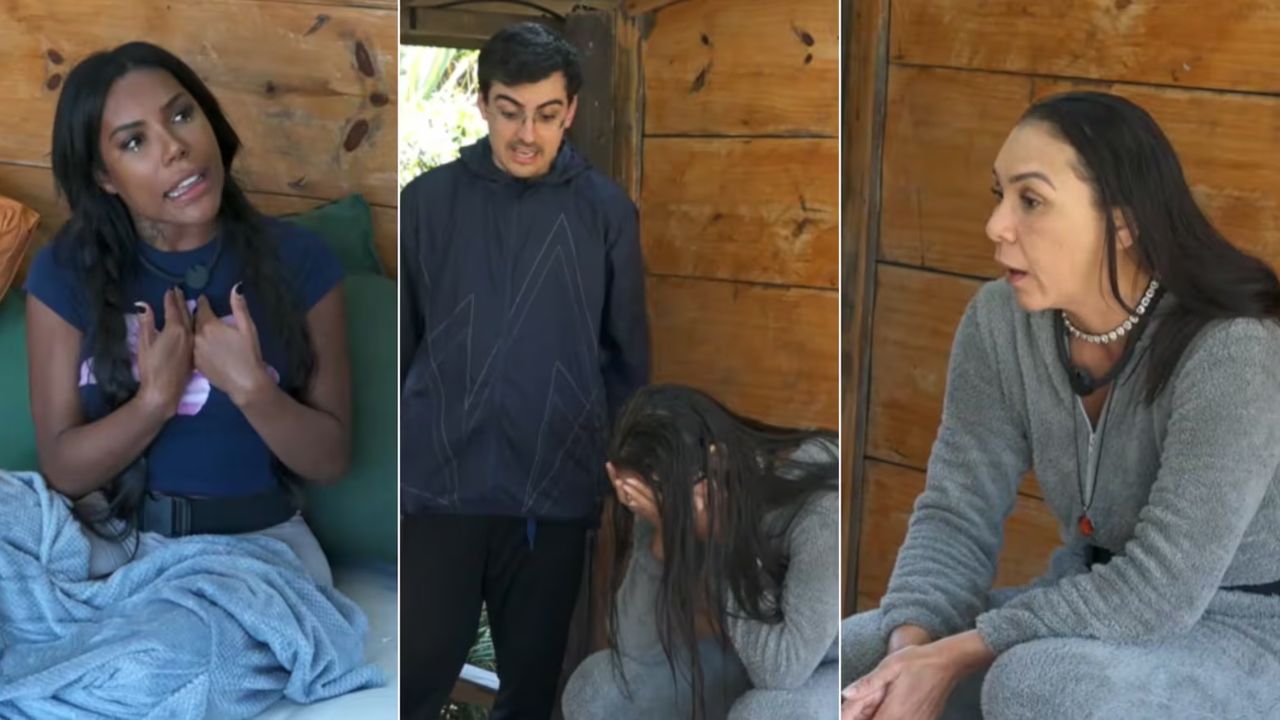 Carol Lekker, Dudu Camargo e Yoná Sousa durante discussão em A Fazenda 17