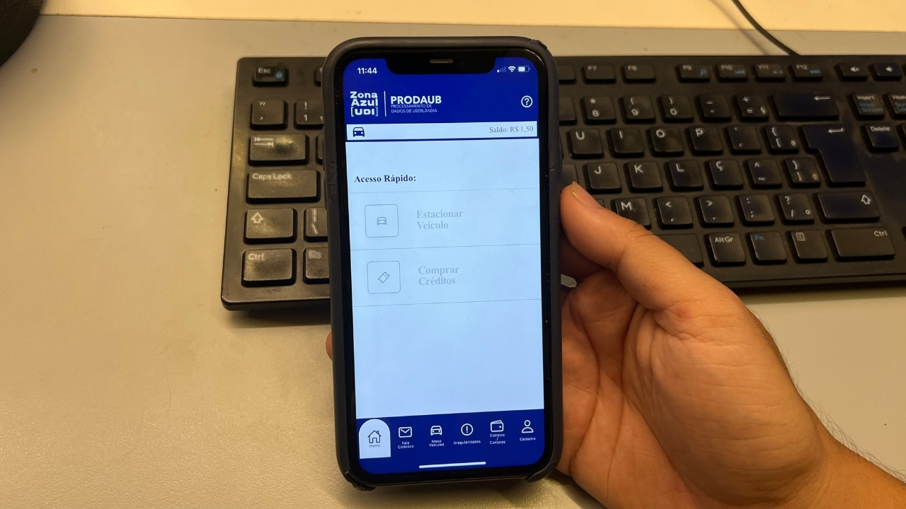 Tela inicial do aplicativo Zona Azul UDI, usado para pagar o estacionamento digital em Uberlândia Tela inicial do aplicativo Zona Azul UDI, usado para pagar o estacionamento digital em Uberlândia